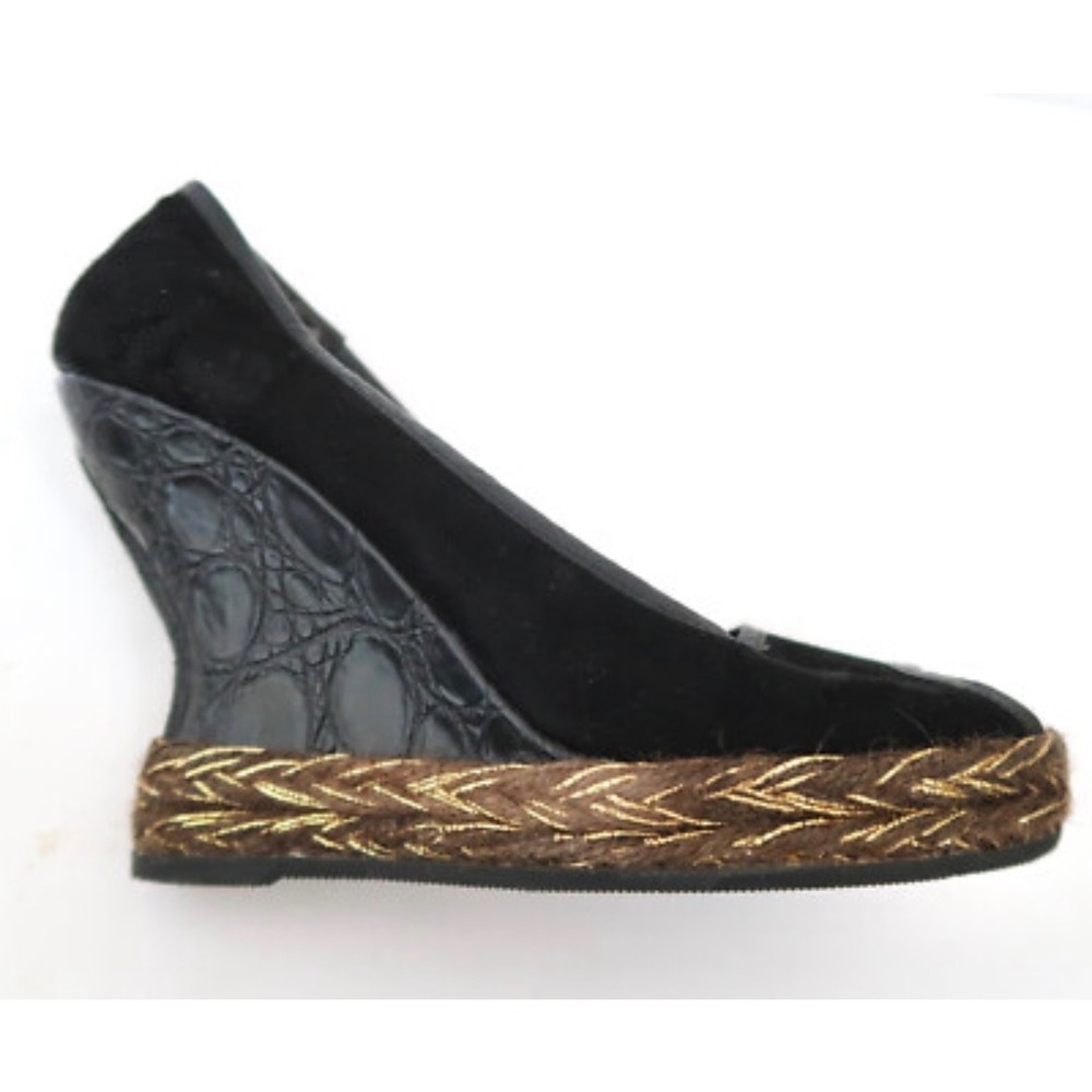 Hollywould Lexington Wedges Women 36 Black Suede Croc Peep Toe Platform Heels
